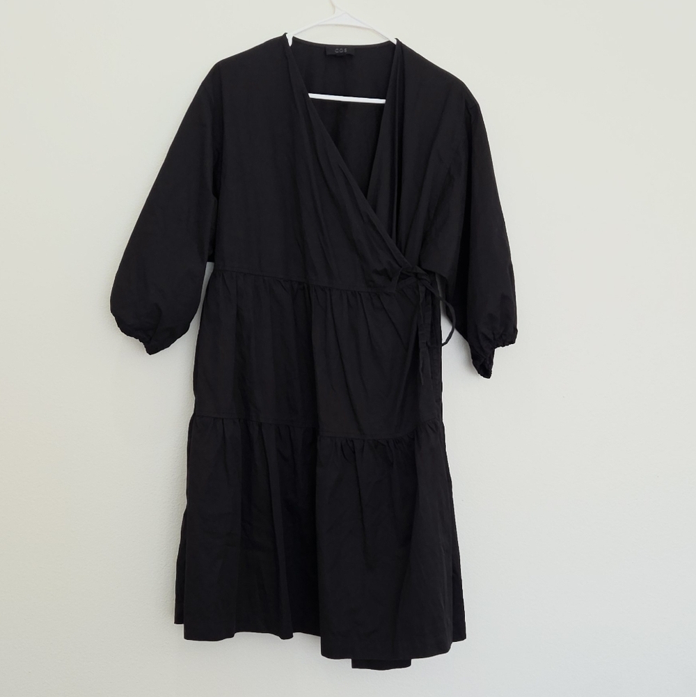 COS Black Wrap Midi Dress with Tiered Skirt Size 8